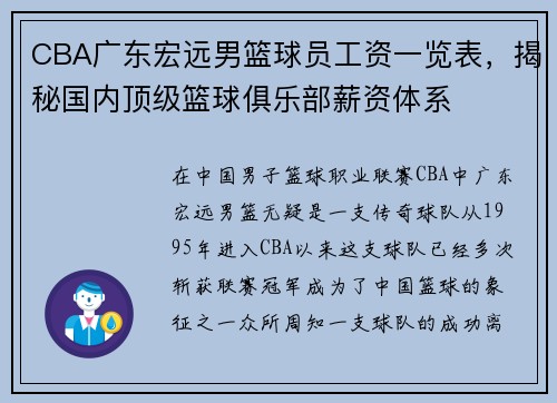 CBA广东宏远男篮球员工资一览表，揭秘国内顶级篮球俱乐部薪资体系