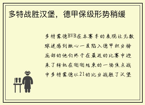 多特战胜汉堡，德甲保级形势稍缓