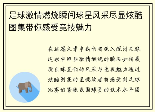 足球激情燃烧瞬间球星风采尽显炫酷图集带你感受竞技魅力